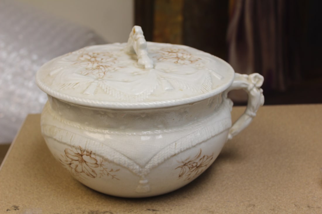 Antique Ceramic Pot with Lid: 19th century - please note: one hairline as shown - 11 3/8" across including the handle