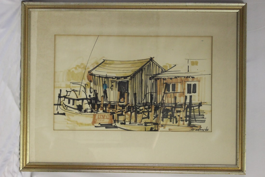 A Watercolor of a Fishing Dock: signed Wallace'66 - overall= 26" x 20" - retro era