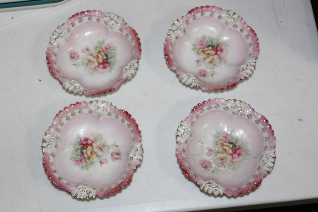 Antique RS Prussia Rose Berry Bowls: please note: one has a very tiny flea bite as shown - 5 1/2" in diameter
