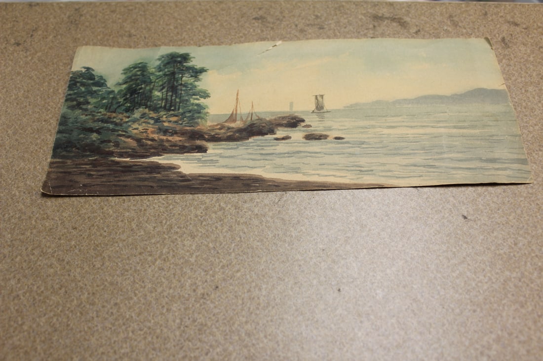 Antique Watercolour on Paper Painting: unframed - please note: torn as shown - most likely early 20th century - 11 1/4" x 4 3/4"
