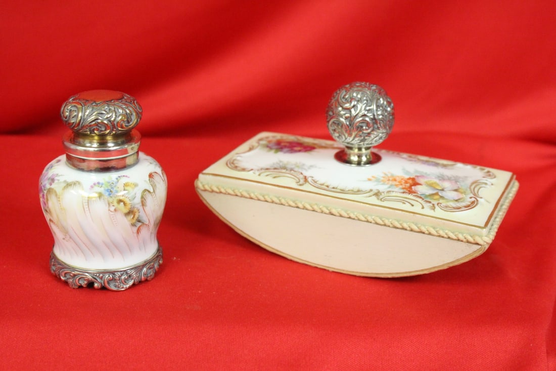 A Desk Set With Sterling Knob: 5 1/4" longer one - porcelain construction