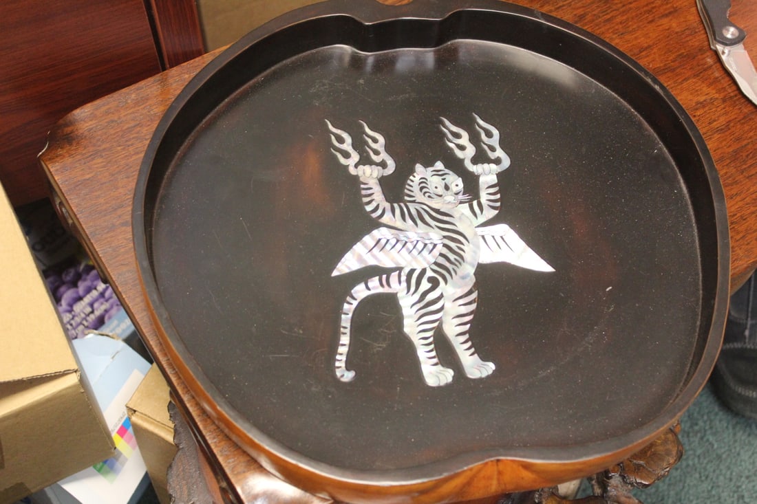 Mother of Pearl Tray: vintage - lacquer - made in Korea - 12 3/4" across