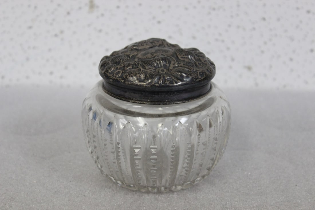 A Sterling Silver Art Nuveau Jar: with reposse lid - lid= sterling silver - 3 1/2" tall
