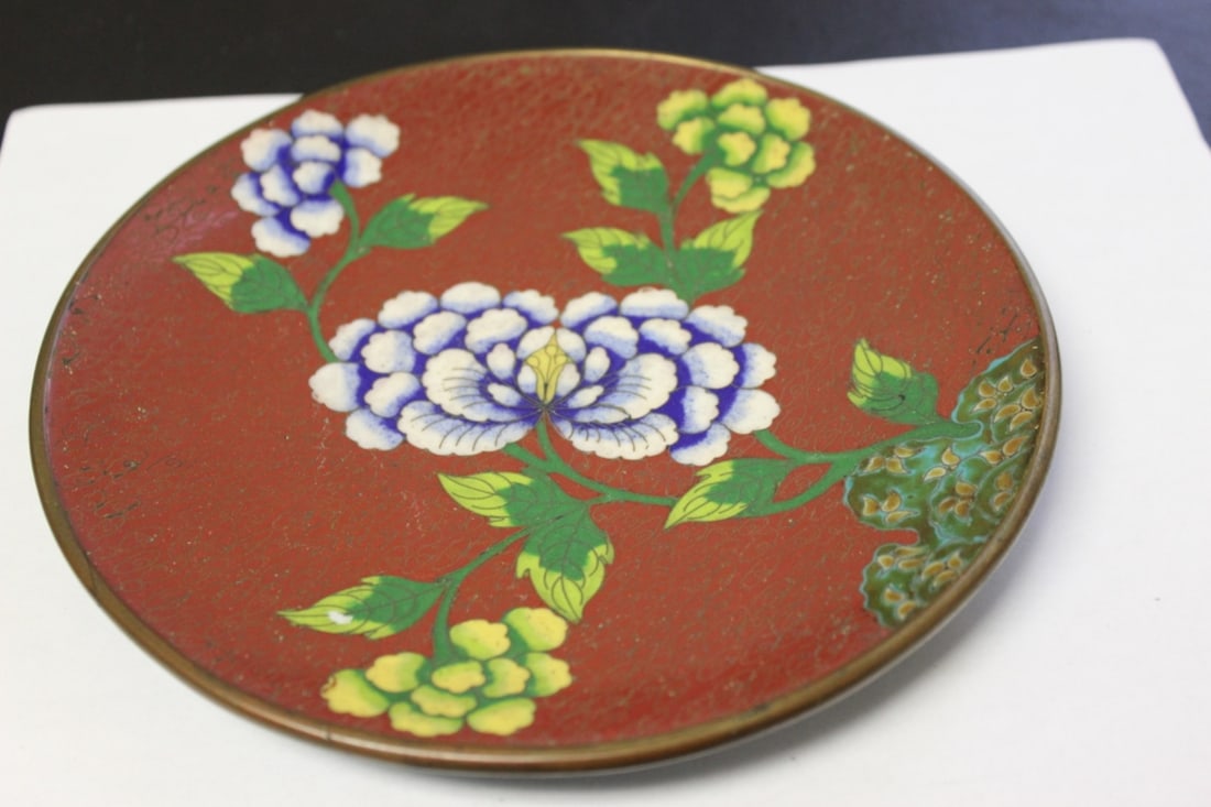 A Chinese Cloisonne Plate: 7 3/4" in diameter - Heavy - Probably enamel on copper or brass or bronze