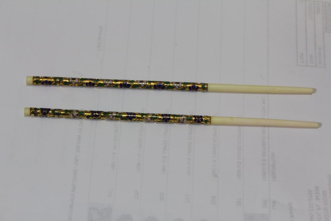 A Pair of Cloisonne and Bone Chopsticks: 8 1/8" long