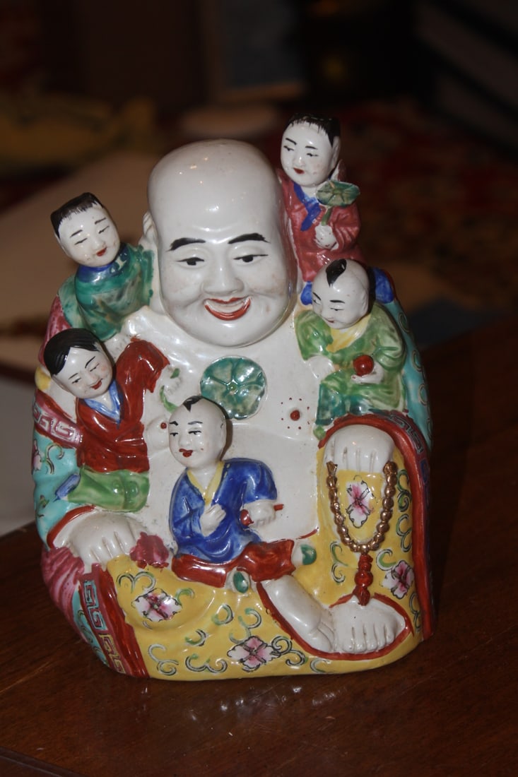 Ceramic Buddha with Children: marked: Made in Hong Kong - also a makers mark as well - 7 inches tall