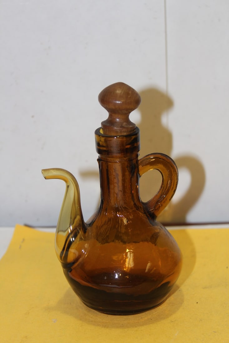 An Old Amber Glass Ewer: with stopper - 5 3/8" tall