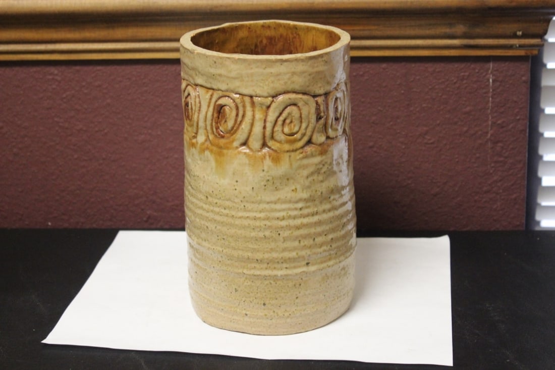 A Clay Cylinder Vase: Signed - 7 7/8" tall