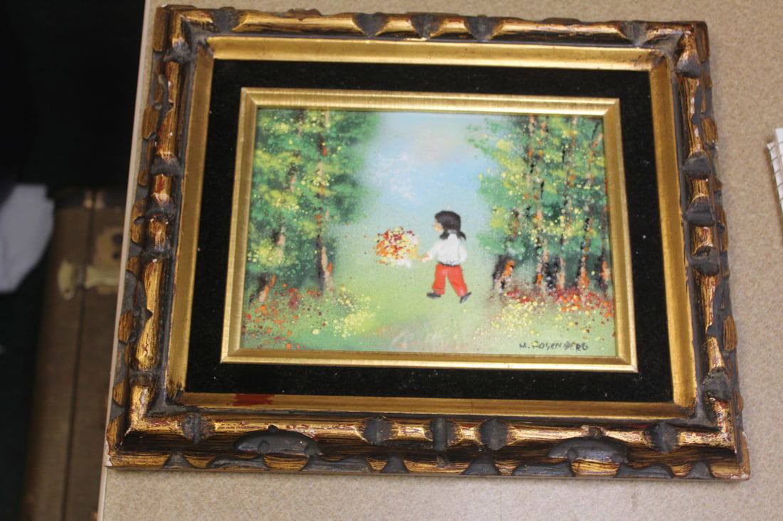 Moishe Rosenberg Enamel on Copper Painting: framed - signed - listed artist - bio on back - 12 3/8" x 10 1/4"