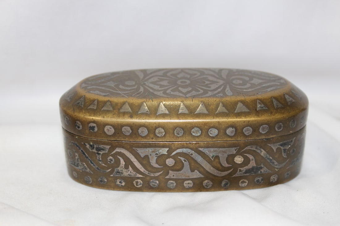 A Betel Nut Box: Silver inlaid bronze - most likely 19th century - 4 1/4" across