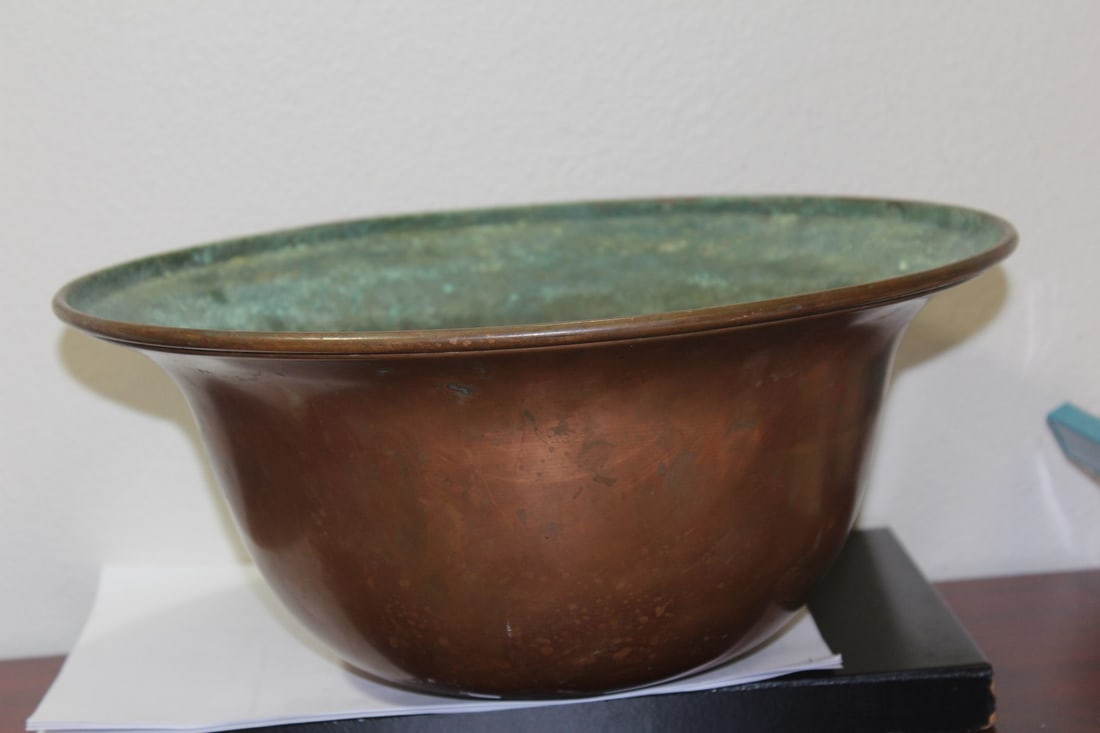 A Large Copper Basin: 13" in diameter and 5 7/8" tall - please note: dent