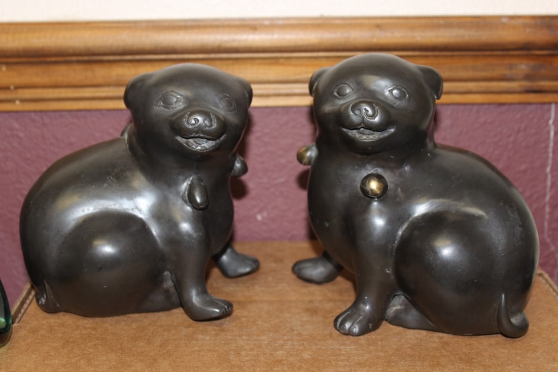 A Pair of Japanese Vintage Bronze Puppies: larger one= 6" wide x 6 1/4" tall
