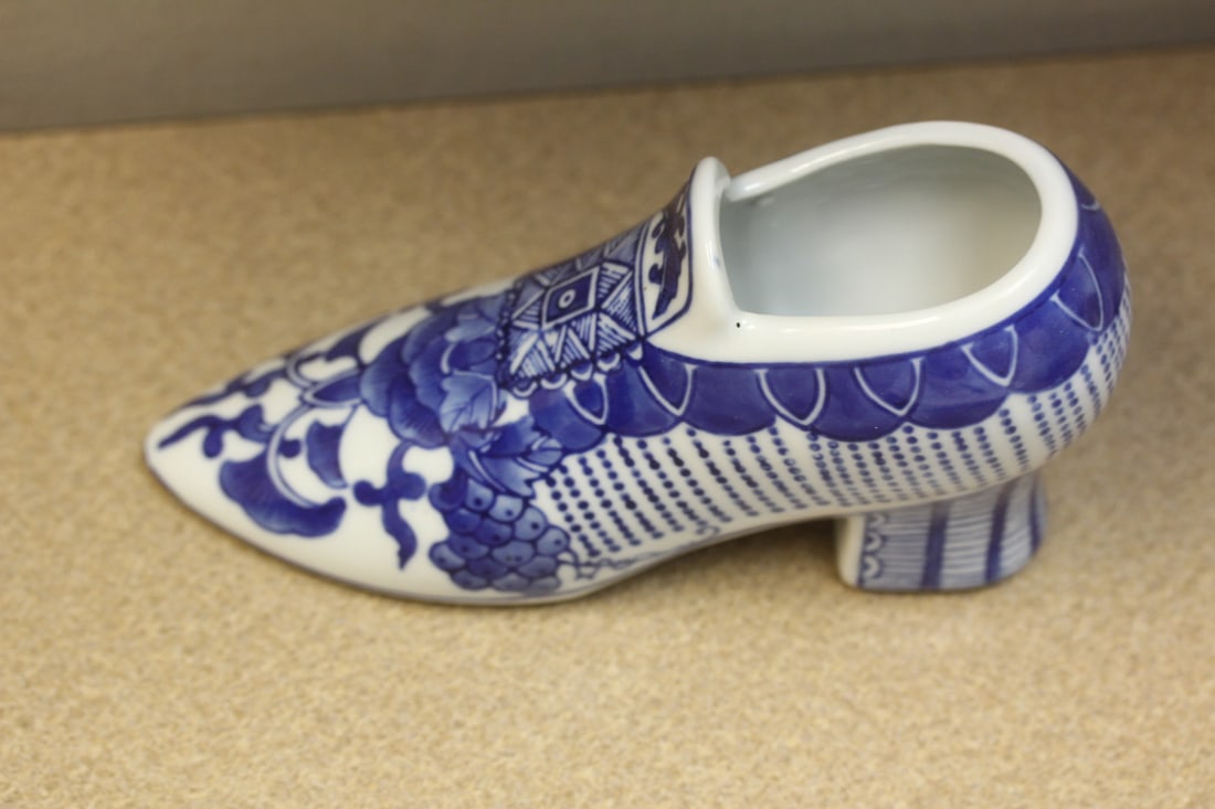 Blue and White China Shoe: 7" long