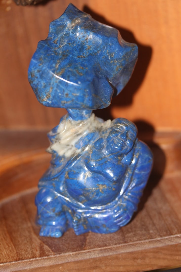 Chinese Lapis Lazuli Buddha Gemstone: holding an ingort - 5 1/8" tall