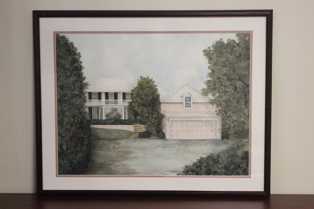 Pink House in Wood Frame Watercolour: signed= Albrecht - overall= 33 3/4" x 26 3/4"