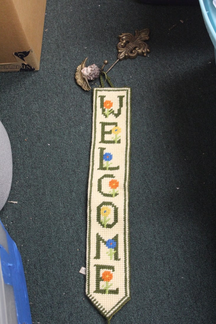 Vintage Welcome Needlepoint Hanger: welcome sign only= 25 1/2" long