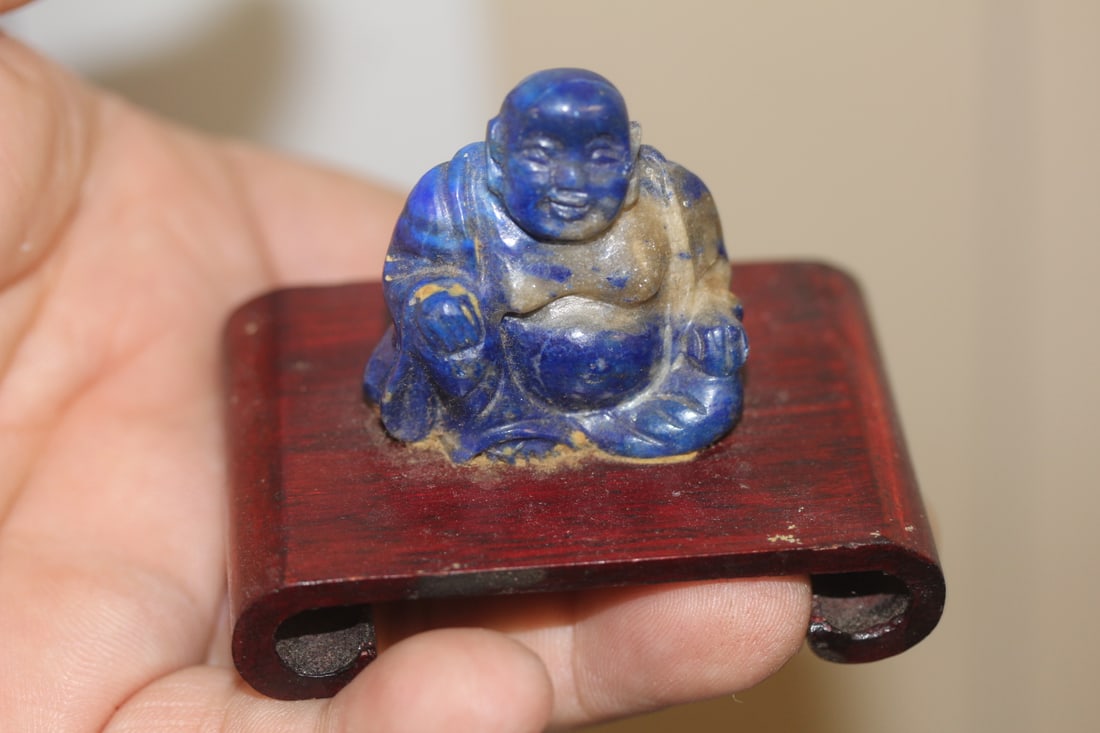 Small chinese Lapis Lazuli Buddha: on stand - antique - 2 1/2" wide