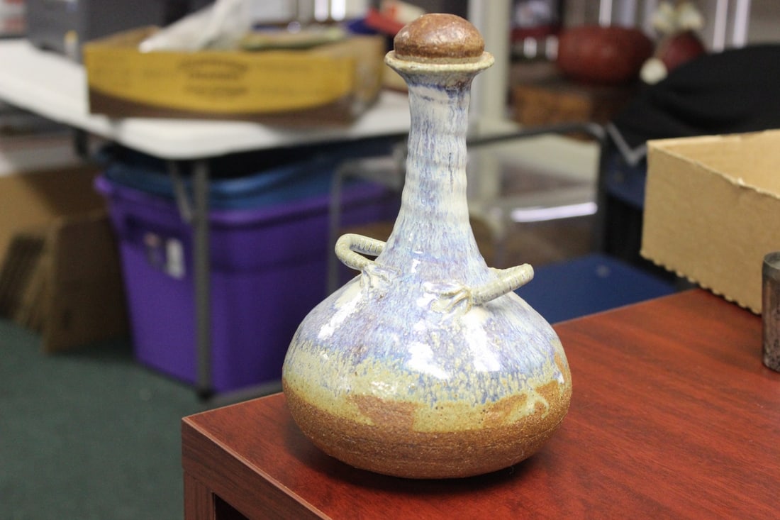 A Pottery Jug with Lid: Signed TIF - 8 3/8" tall