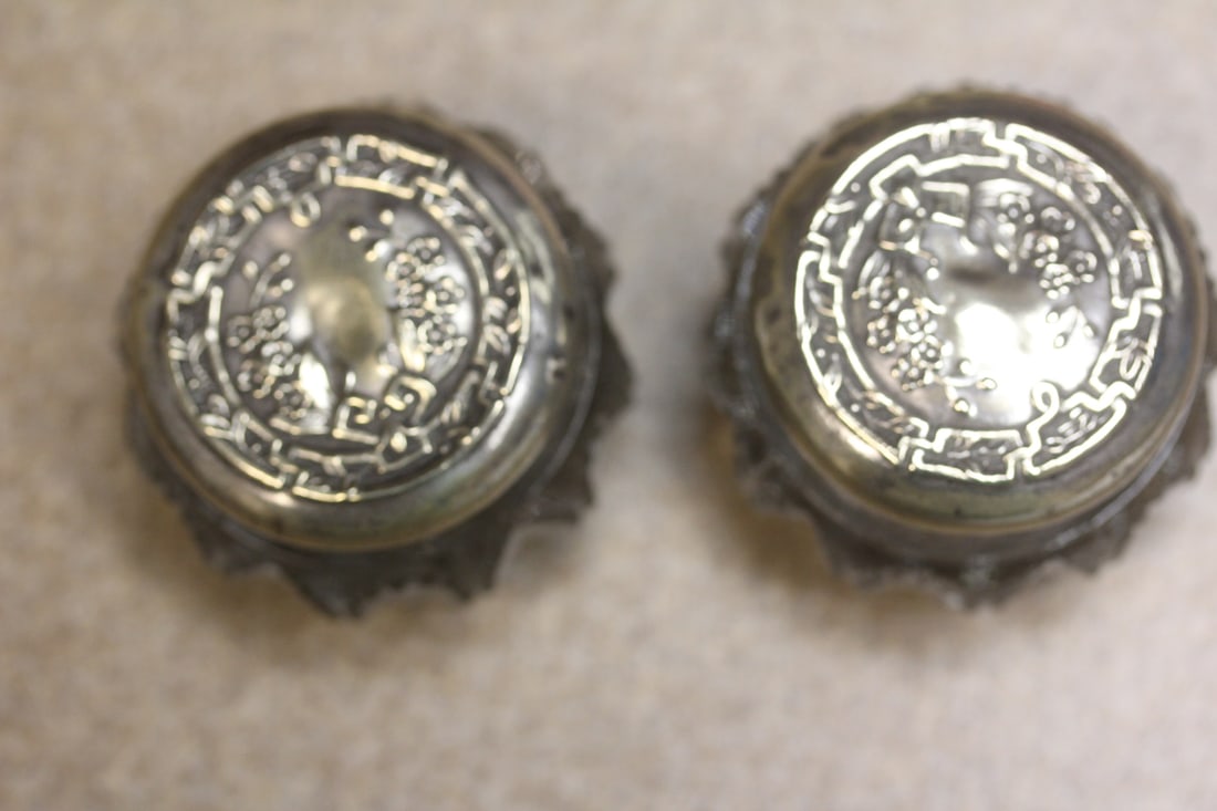 Pair of Sterling Top Small Jars: 1 5/8" tall - please note= minor dents on the lids