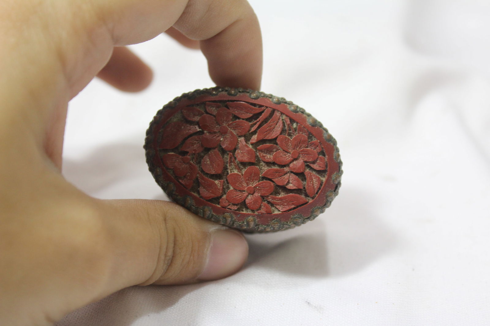 An Vintage Chinese Cinnabar Small Trinket Box: Metal most likely copper - 1 3/4” in diameter