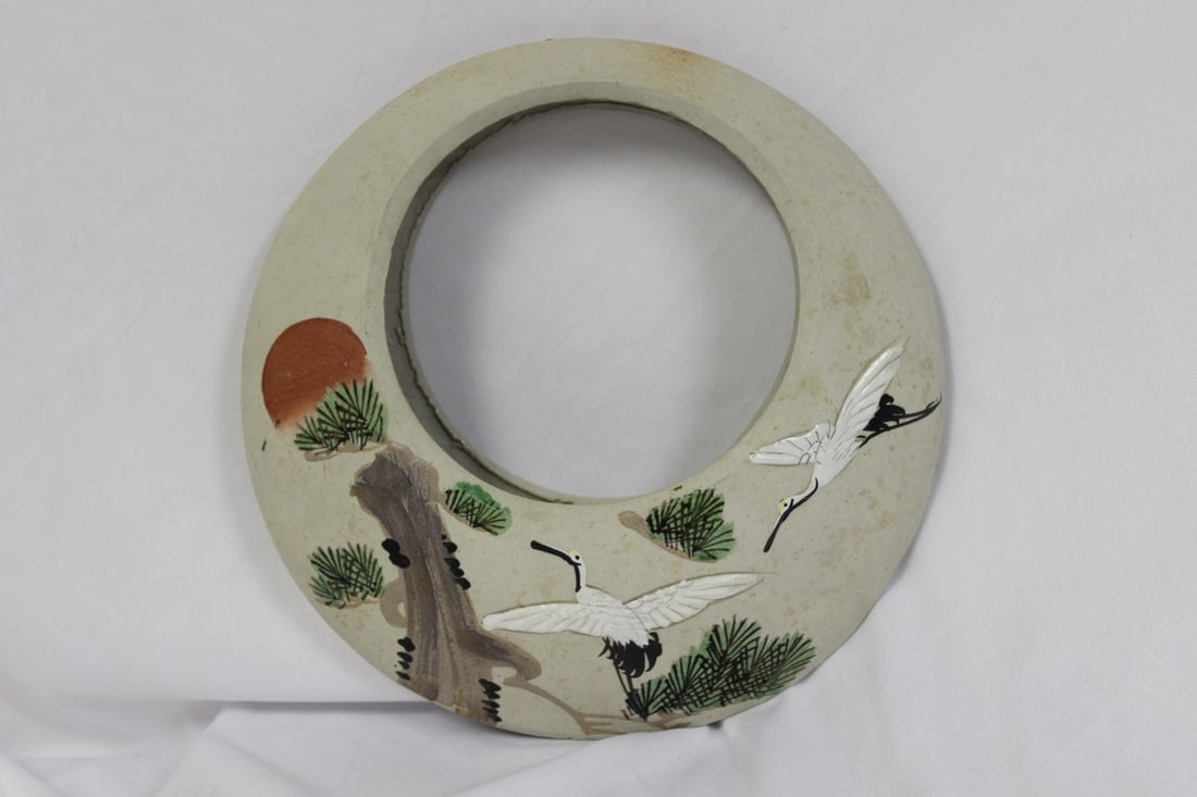 A Japanese Ceramic Ikebana Hanging Basket: 8 inches across - no chain