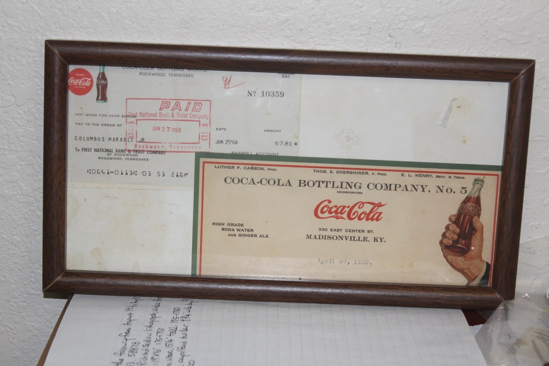 Lot of 2 Coca-Cola Checks: framed - overall= 12 3/4" x 7 7/8"