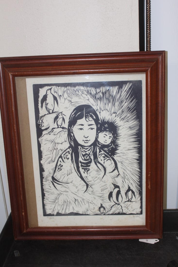 Edna Hibel Print: framed - overall= 17" x 14" - please note: print has some spots on bottom as shown