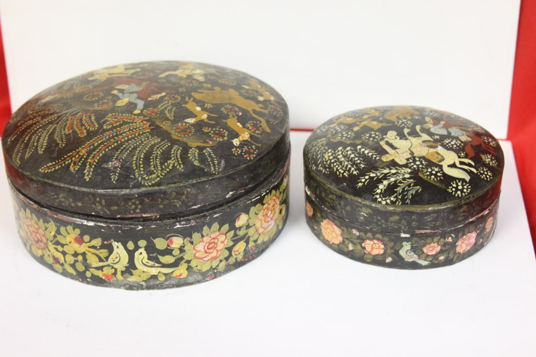A Set of Two Oriental Lacquer Box: Possibly Russian - old - larger 6 1/4" in diameter