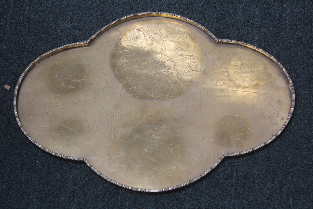 Antique/Vintage Chinese Carved Brass Tea Tray: marked: made in China - 14" across