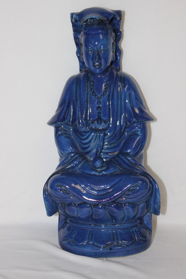 A Chinese Cobalt Blue Vintage Porcelain Kwan Yin: most likely early 20th century - 12 1/2" tall