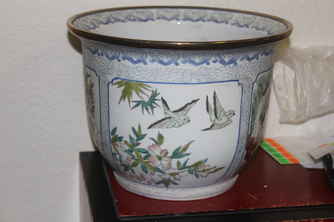 Signed Chinese Planter: with birds/flowers - with undertray - 10 1/4" in diameter by 8" tall