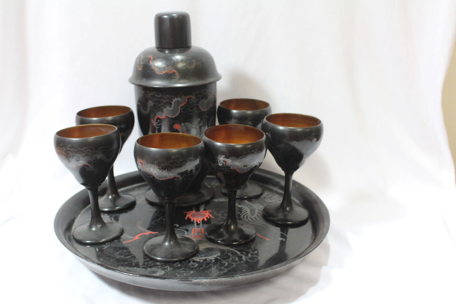 A Rare Chinese Lacquer Tray with Bottle and Cups: signed - early 20th century - bottle= 9 1/2" tall
