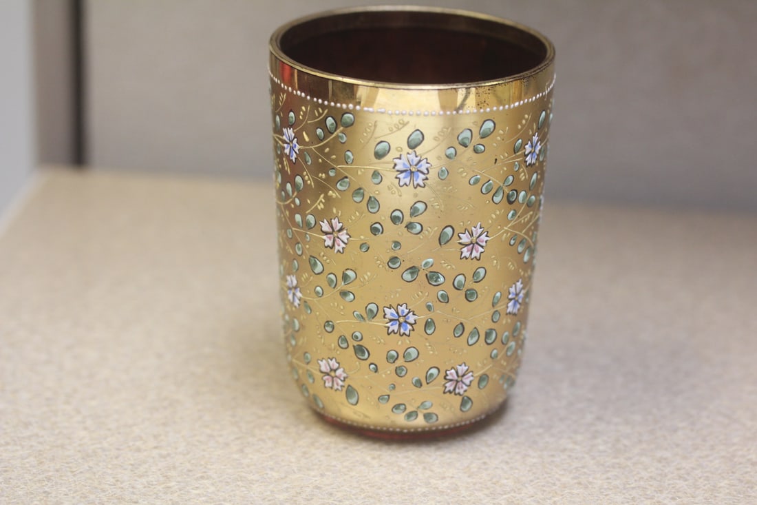 Cranberry Red Tumbler: Gold gilted - possibly Moser - 4" tall