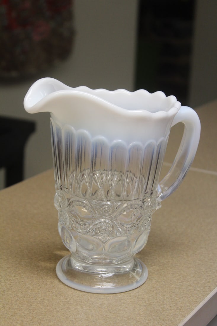 Hobnail Glass Pitcher: 8" tall - marked "M"?