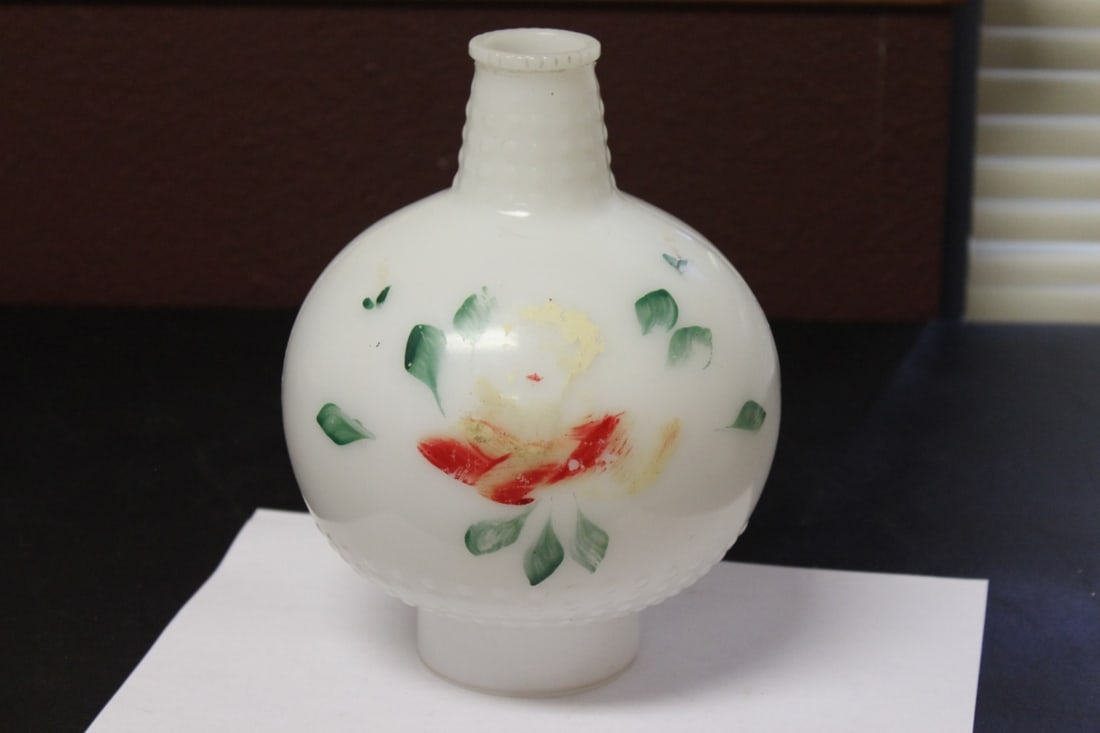 A Milk Glass Hand Painted Shade: Worn - 9 inches tall