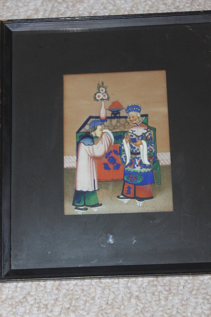 19th C Chinese Pastel Painting on Rice Paper: Overall 10" x 9". Sight size 5 1/2" x 4".
