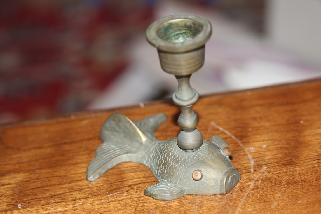 Antique Chinese Brass Candle Holder: fish form - small in size: 3 1/4" tall - marked "China"