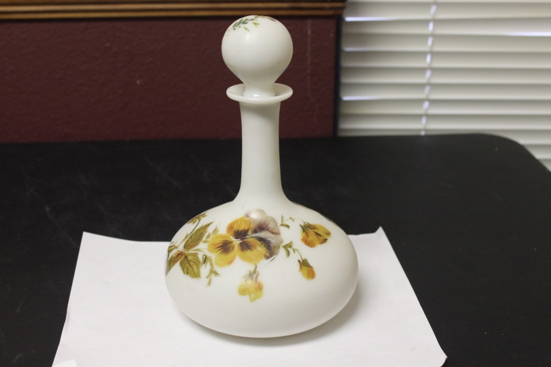 A Satin Glass Decanter: Hand painted - 9 1/2" tall