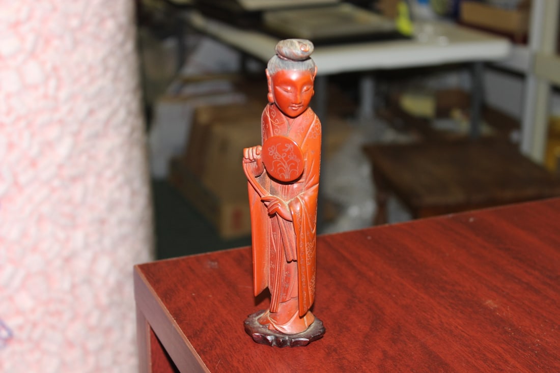 An Antique/Vintage Chinese Carved Lady: Wooden - nicely carved on lotus stand- overall= 7 1/4" tall