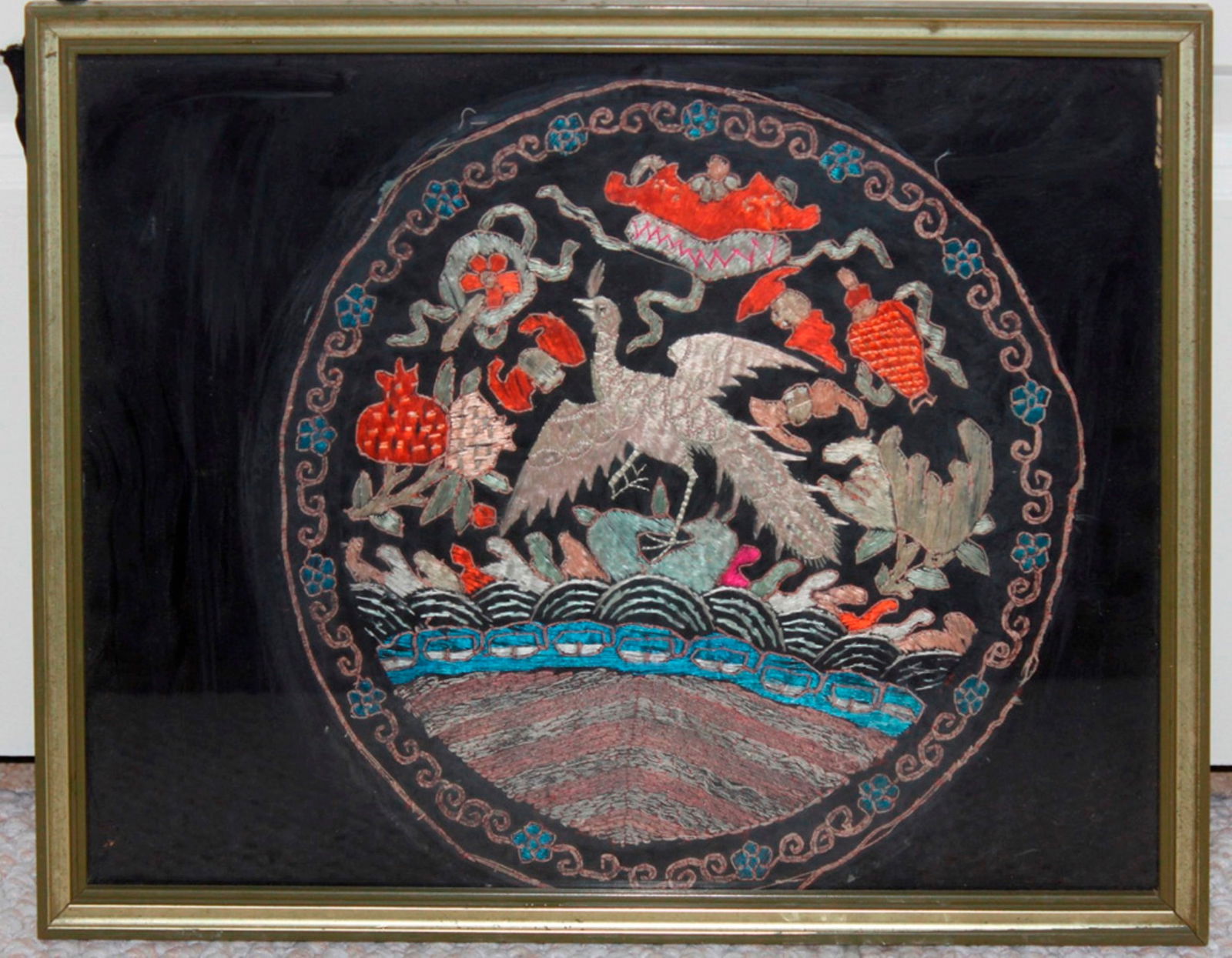 Antique 19th C Chinese Rank Badge: Measures 14 3/4" x 11 3/4".