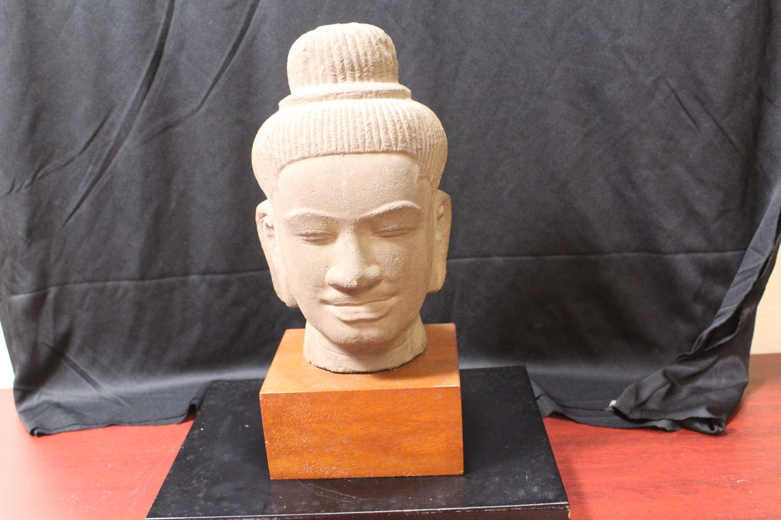 Stone? Buddha Head on Wood Stand: overall= 12" inches tall