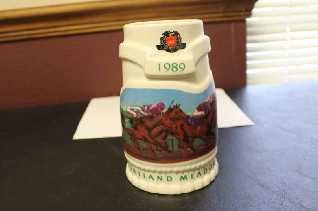 A 1989 Souvenir Beer Mug - Portland Meadows: By Miller Company - 6 3/4 inches tall