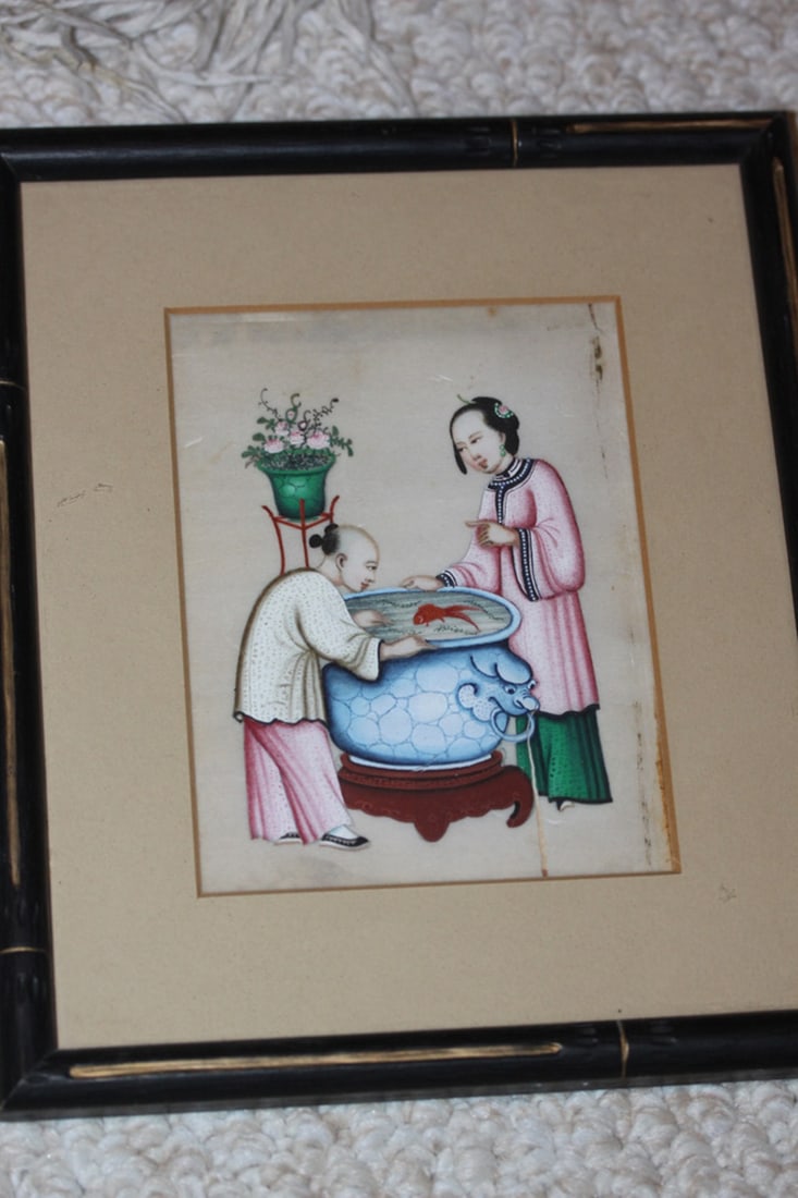 Antique Chinese Framed Pastel on Rice Paper: Overall size 8 1/2" x 7 1/4". Circa 19th century.