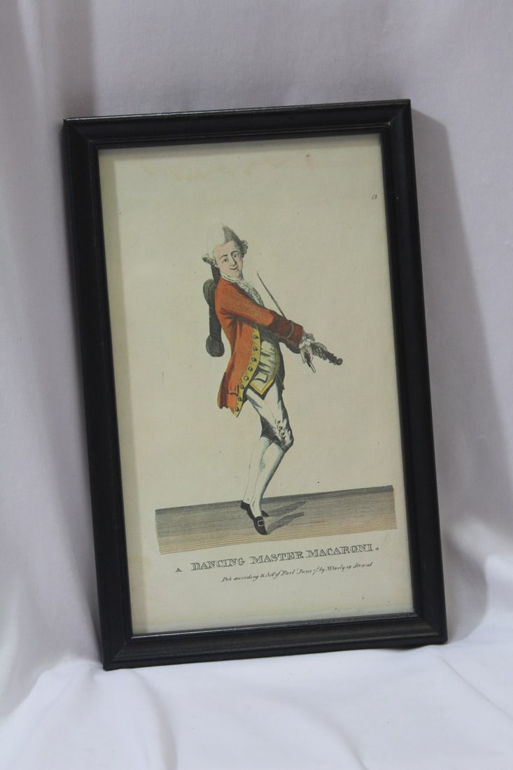 A Framed Print "Dancing Master Macaroni": overall= 10" x 6 3/8"