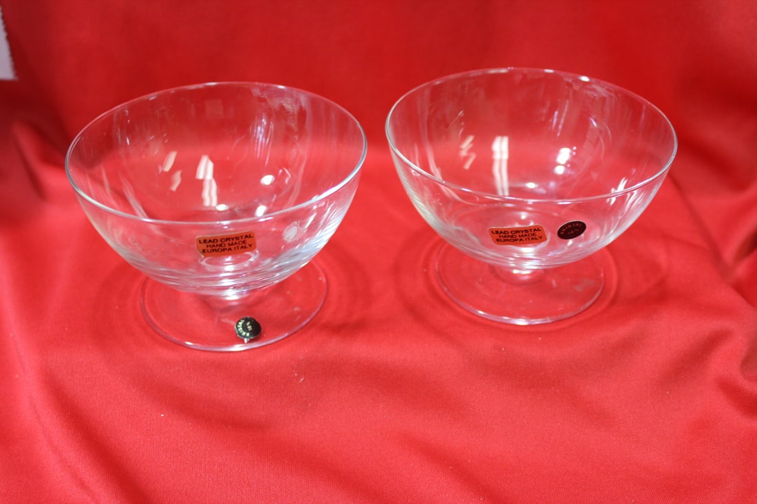 A Pair of Italian Lead Crystal Cups: pink color rim - 4 1/8" in diameter