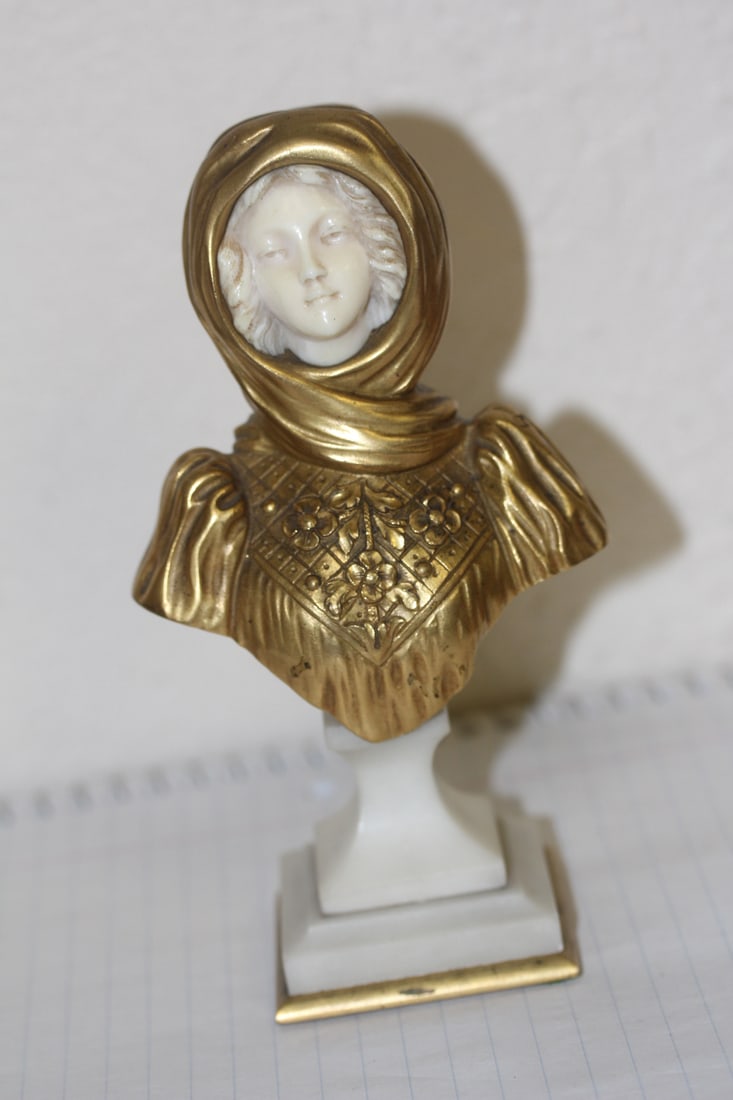 Gold Gilted Bronze and Bone Face of a Maiden: antique: around 1900 - signed: Eugene Hannoteaux - beautifully carved with alabaster accent - 6 inches tall