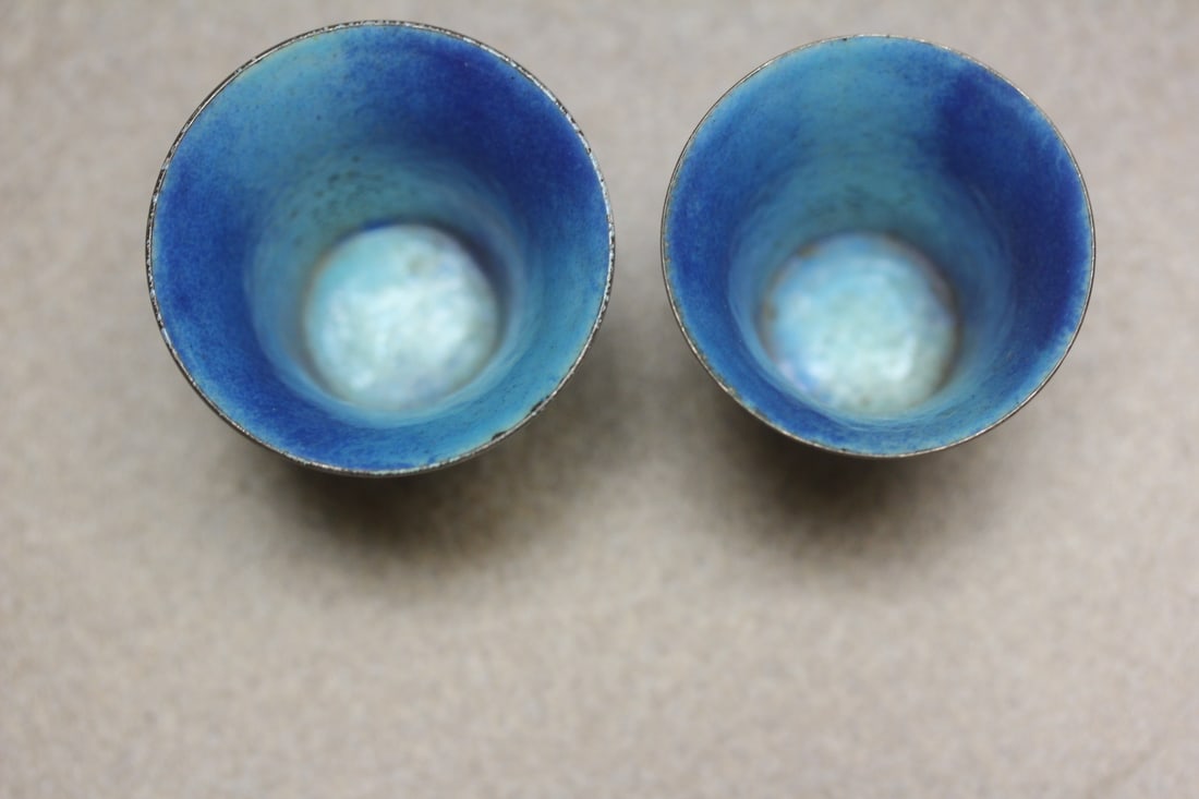 Lot of Two Enamel Cups: no sure if sterling or not - one appeared to be slightly bigger than the other - 1 5/8"