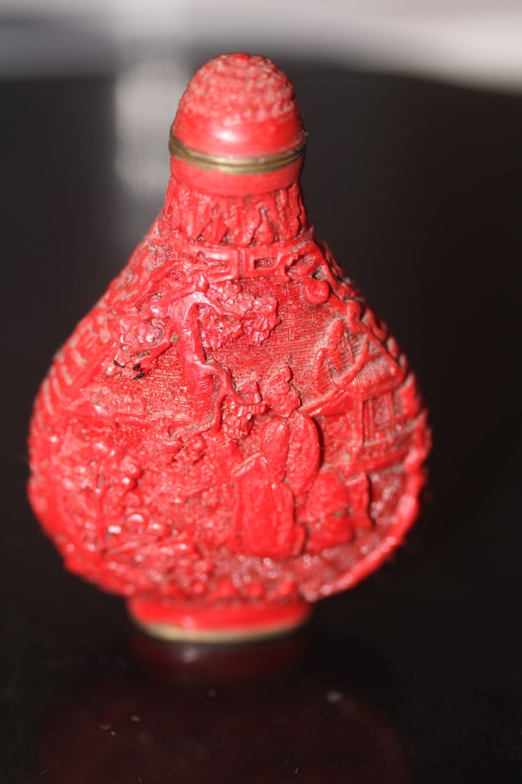 Chinese Cinnabar Style Resin Snuff Bottle: well carved - signed - please note: spoon broken off as shown - 3 inches in diameter