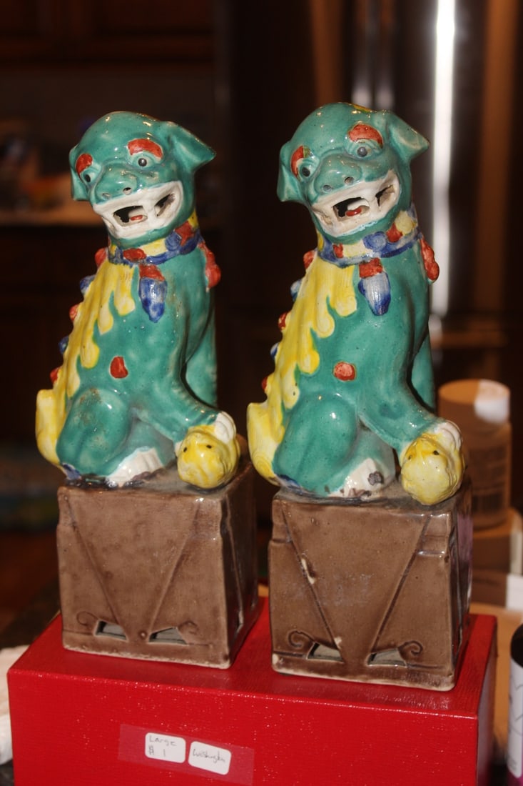 Pair of Chinese Porcelain Foo Dogs: Republic period - 10 1/4" tall each