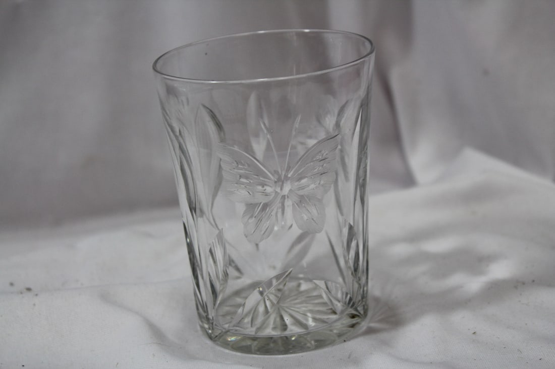 A Cut Glass Butterfly Tumbler: 4" tall